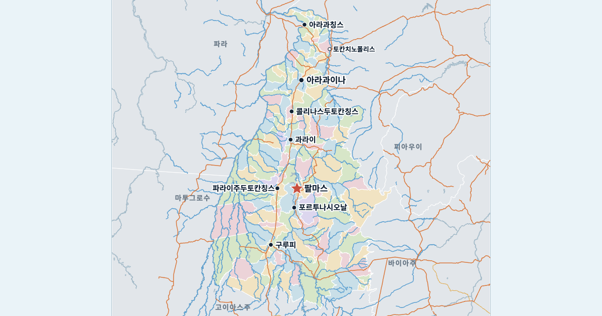 토칸칭스주 지도(주요 도시 포함)