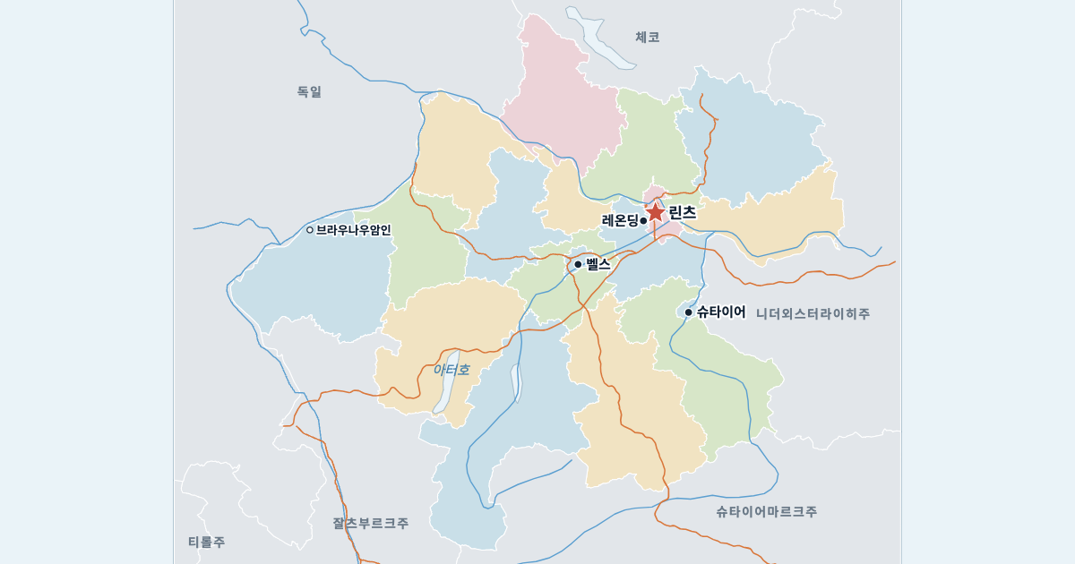 오버외스터라이히주 지도(주요 도시 포함)