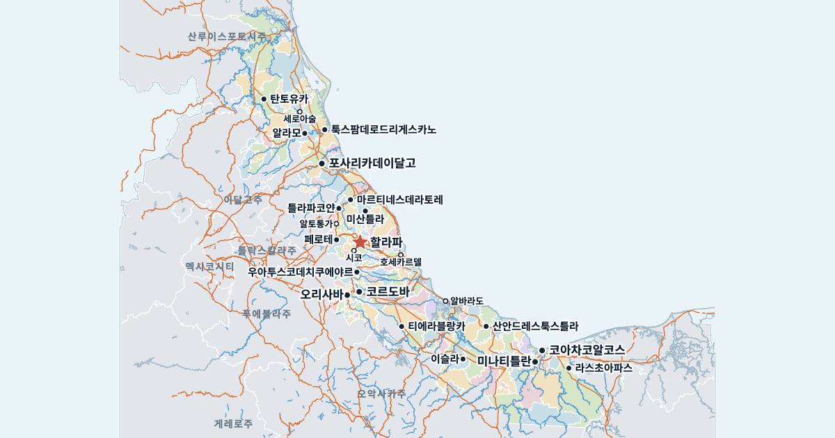 베라크루스주 지도(주요 도시 포함)