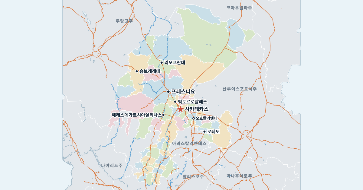 사카테카스주 지도(주요 도시 포함)
