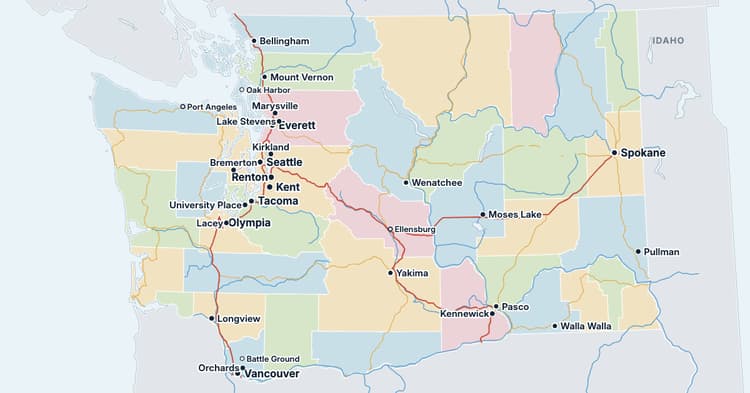 Washington Map with All 39 Counties, Cities and Towns | GeographyQuiz.io