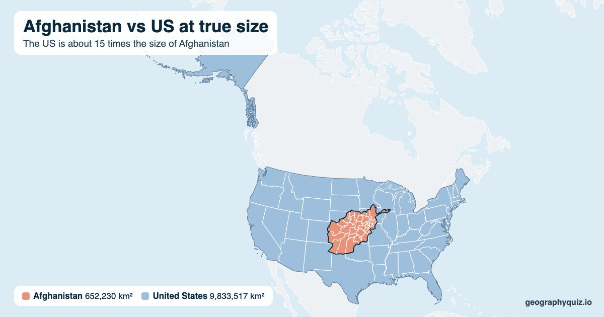 Afghanistan vs US size comparison map: Afghanistan laid over the US at true size. The US is about 15 times the size of Afghanistan.