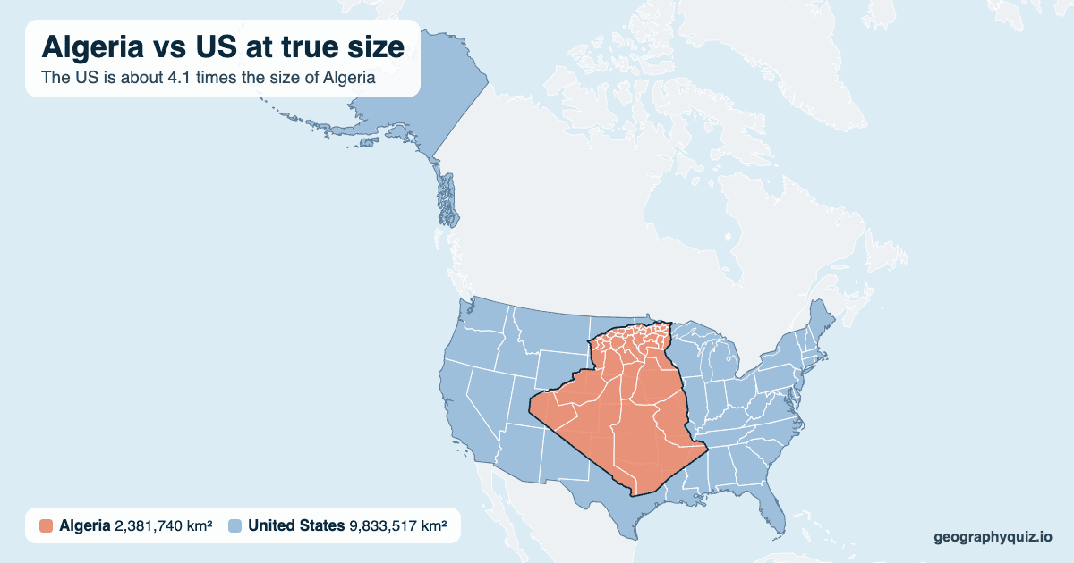Algeria vs US size comparison map: Algeria laid over the US at true size. The US is about 4.1 times the size of Algeria.