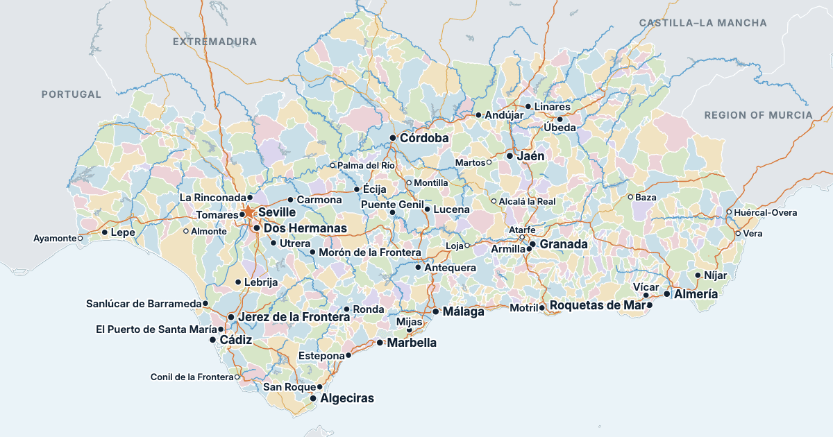 Map of Andalusia with its largest cities