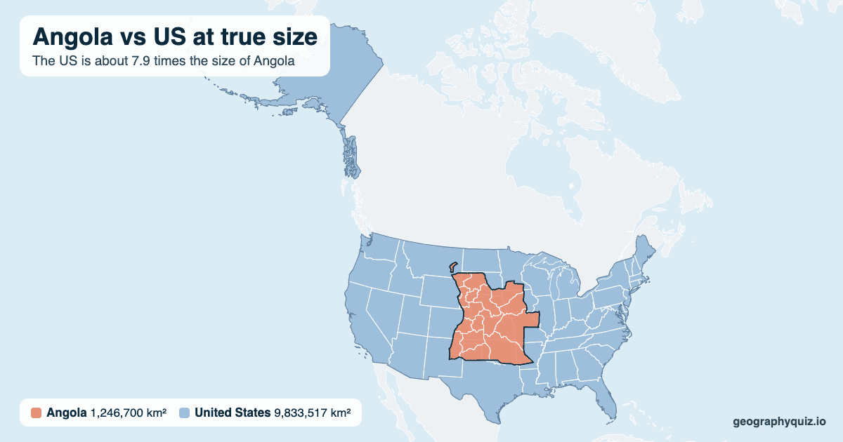 Angola vs US size comparison map: Angola laid over the US at true size. The US is about 7.9 times the size of Angola.