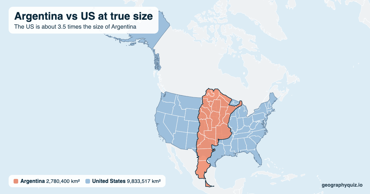 Argentina vs US size comparison map: Argentina laid over the US at true size. The US is about 3.5 times the size of Argentina.