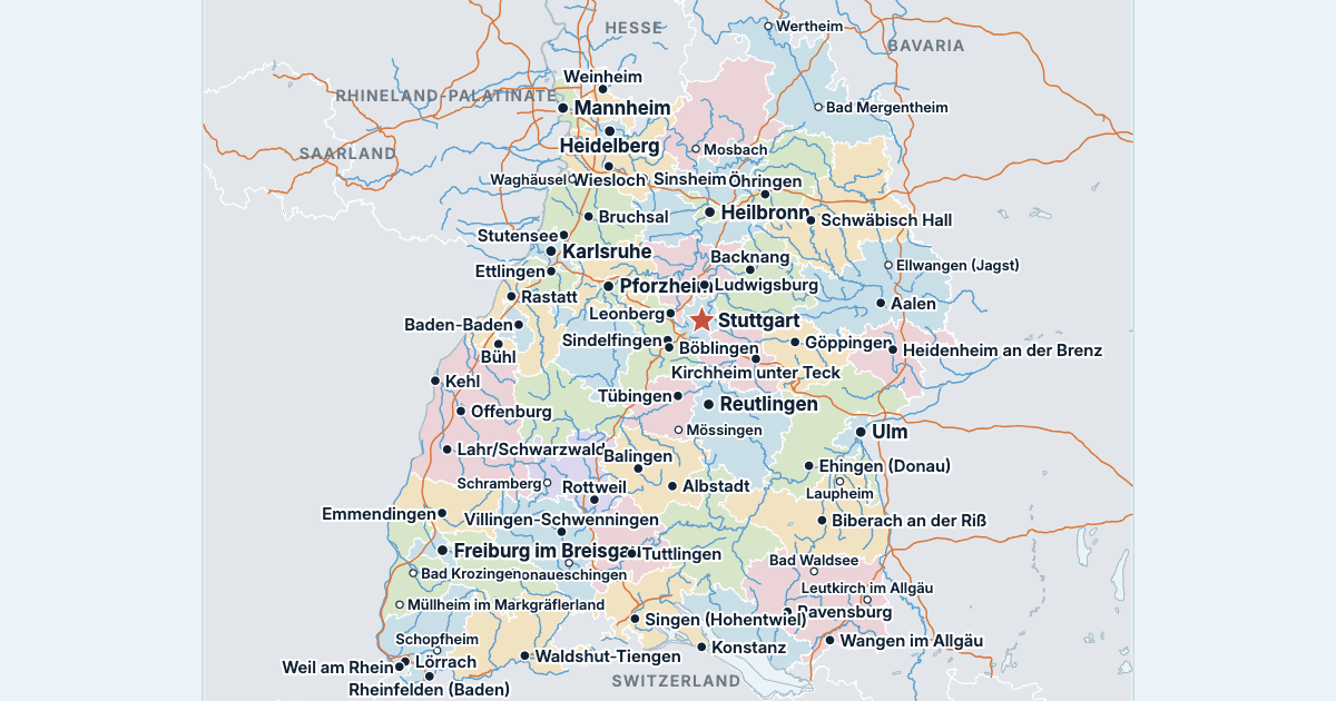 Map of Baden-Württemberg with its largest cities