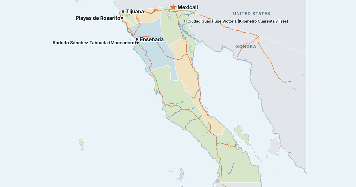 Map of Baja California with its largest cities