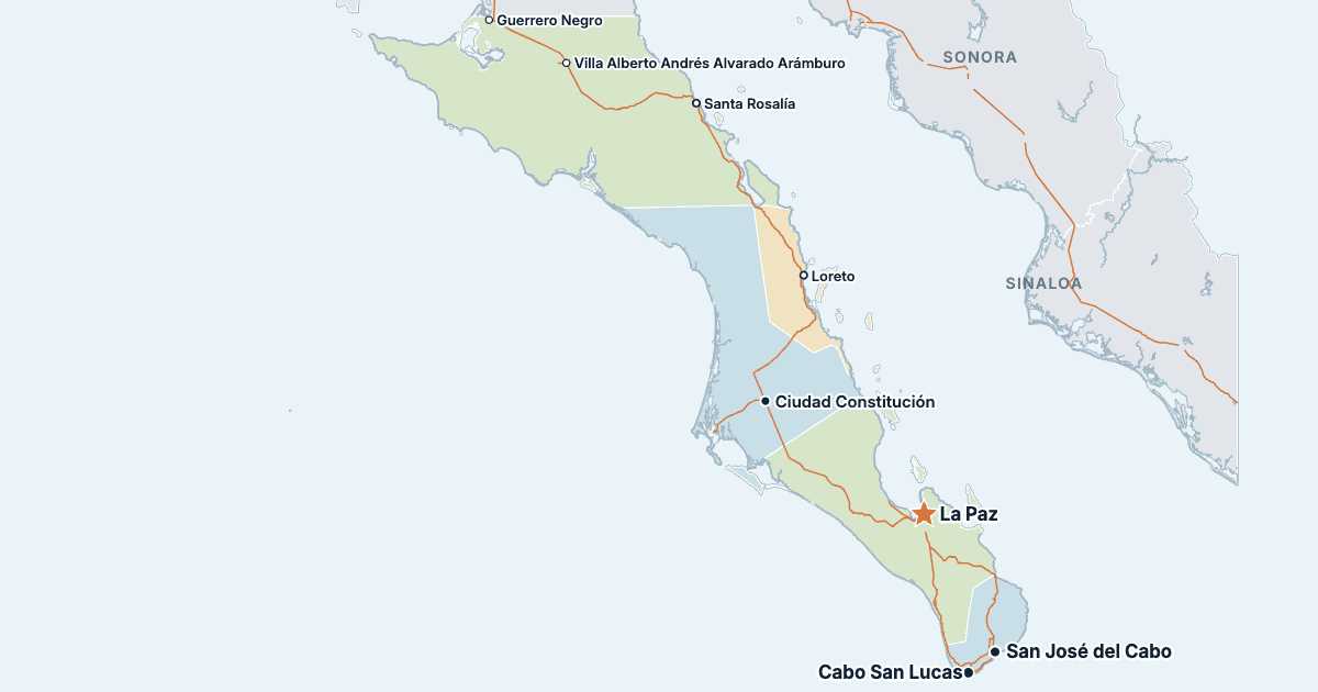 Map of Baja California Sur with its largest cities