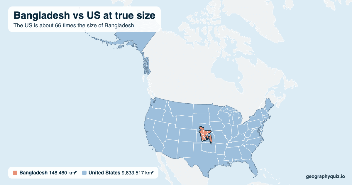 Bangladesh vs US size comparison map: Bangladesh laid over the US at true size. The US is about 66 times the size of Bangladesh.