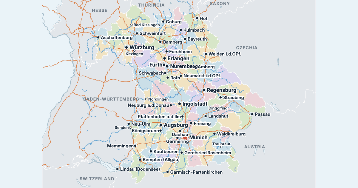 Map of Bavaria with its largest cities