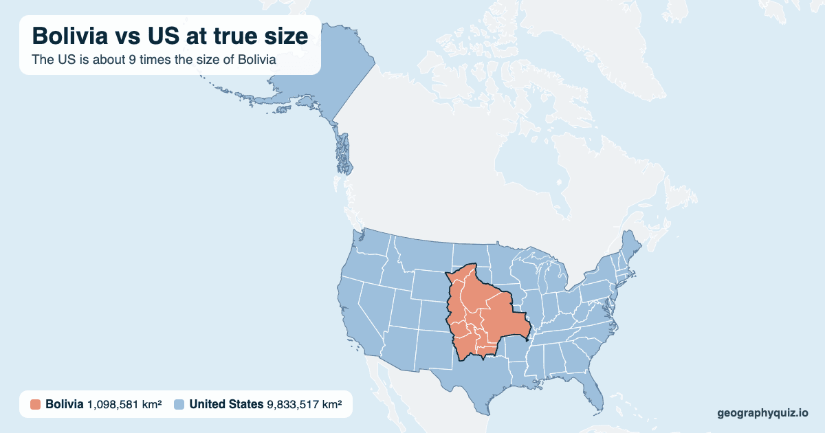 Bolivia vs US size comparison map: Bolivia laid over the US at true size. The US is about 9 times the size of Bolivia.