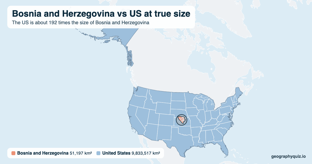 Bosnia and Herzegovina vs US size comparison map: Bosnia and Herzegovina laid over the US at true size. The US is about 192 times the size of Bosnia and Herzegovina.