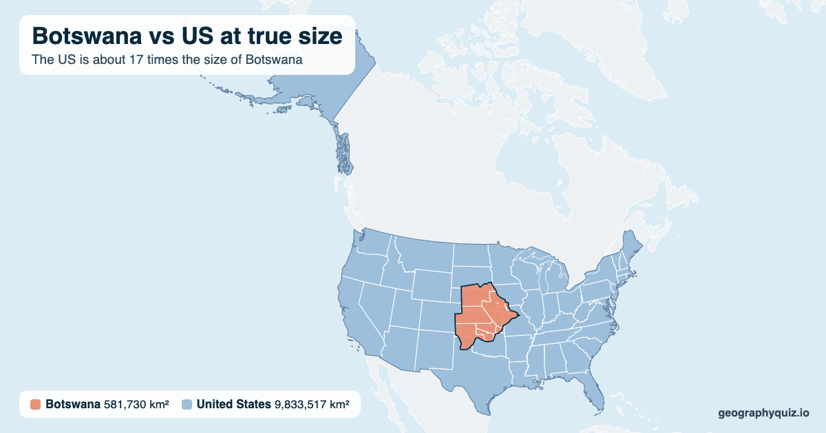 Botswana vs US size comparison map: Botswana laid over the US at true size. The US is about 17 times the size of Botswana.