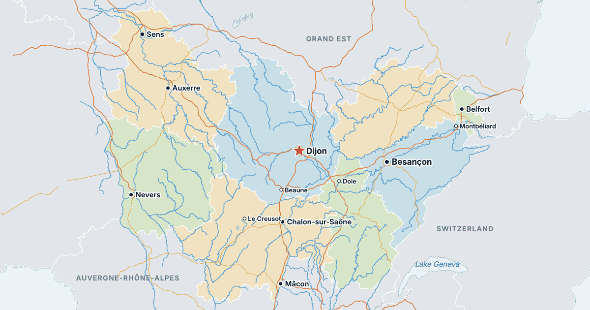 Map of Bourgogne-Franche-Comté with its largest cities
