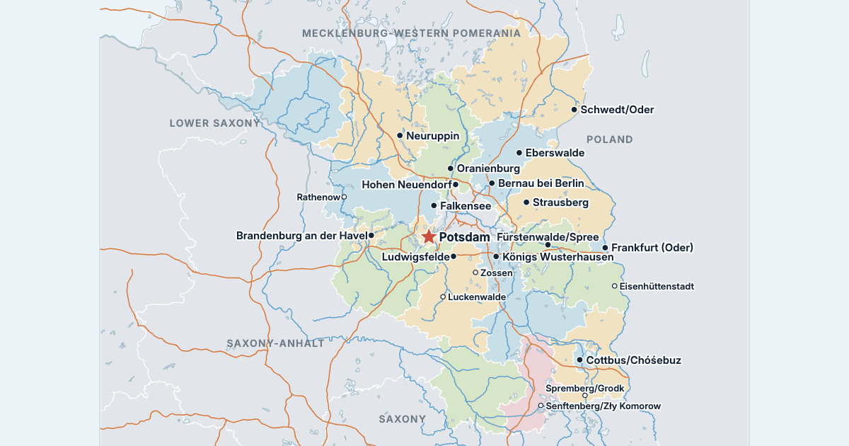 Map of Brandenburg with its largest cities