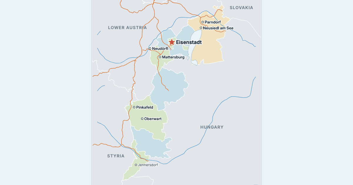 Map of Burgenland with its largest cities