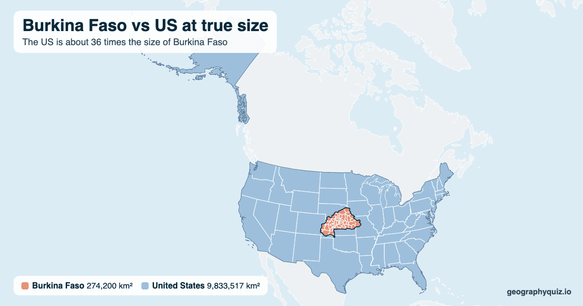 Burkina Faso vs US size comparison map: Burkina Faso laid over the US at true size. The US is about 36 times the size of Burkina Faso.
