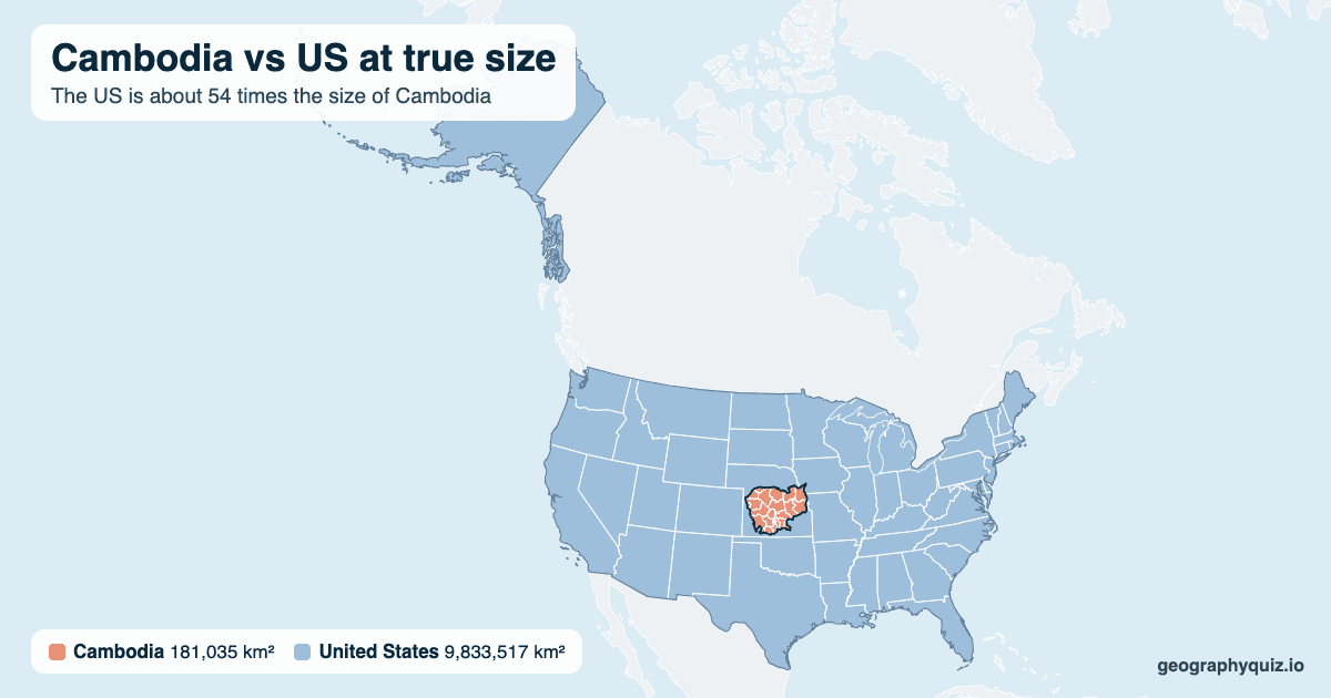 Cambodia vs US size comparison map: Cambodia laid over the US at true size. The US is about 54 times the size of Cambodia.