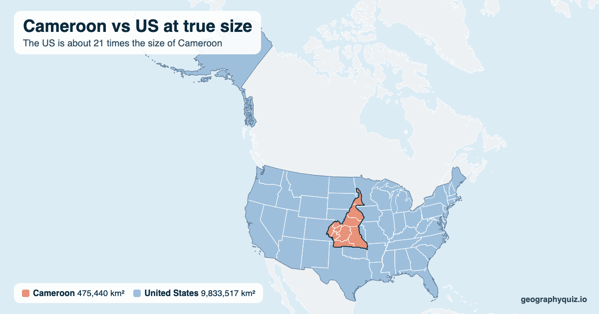 Cameroon vs US size comparison map: Cameroon laid over the US at true size. The US is about 21 times the size of Cameroon.