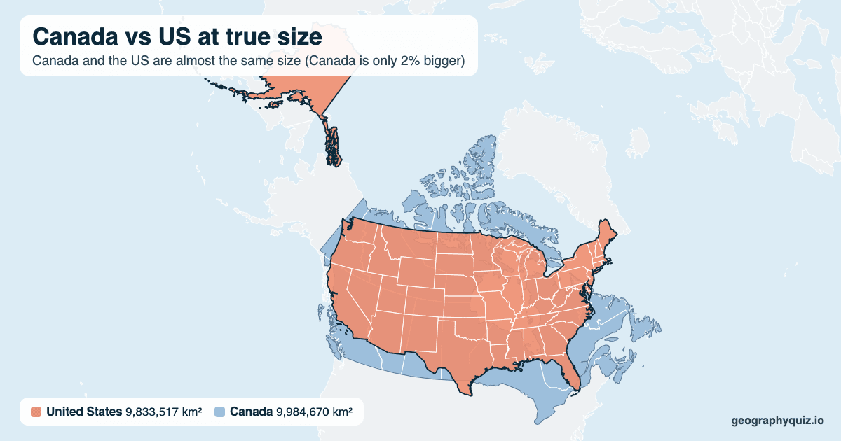 Canada vs US size comparison map: the US laid over Canada at true size. Canada and the US are almost the same size (Canada is only 2% bigger).