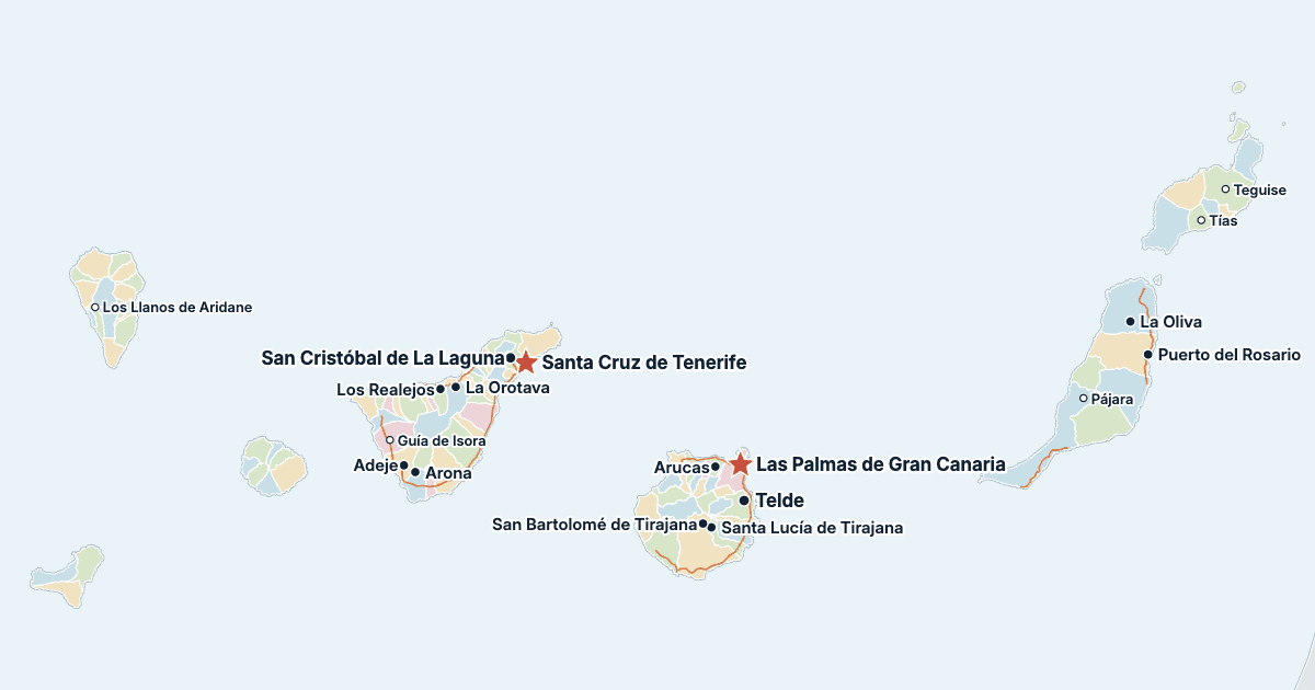 Map of the Canary Islands with its largest cities