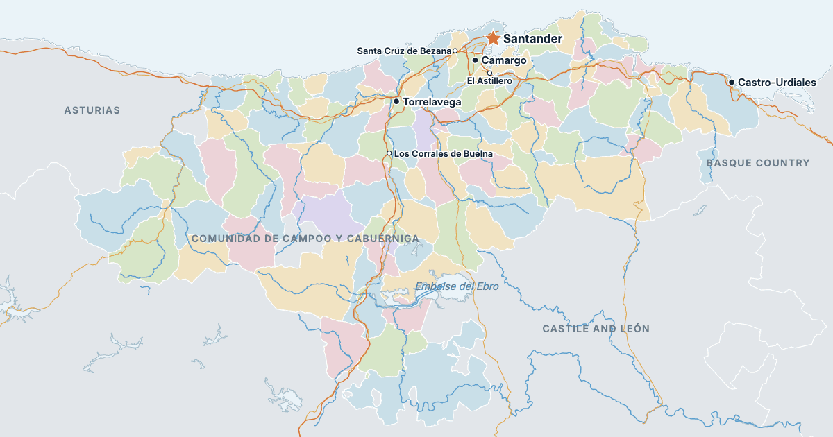 Map of Cantabria with its largest cities