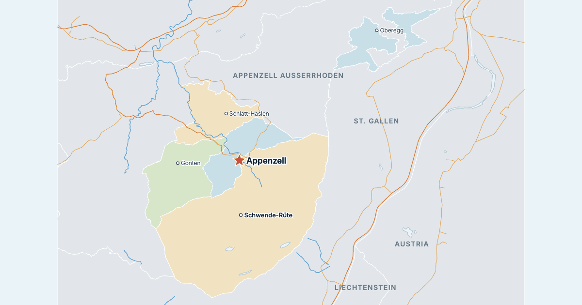 Map of the Canton of Appenzell Innerrhoden with its largest cities