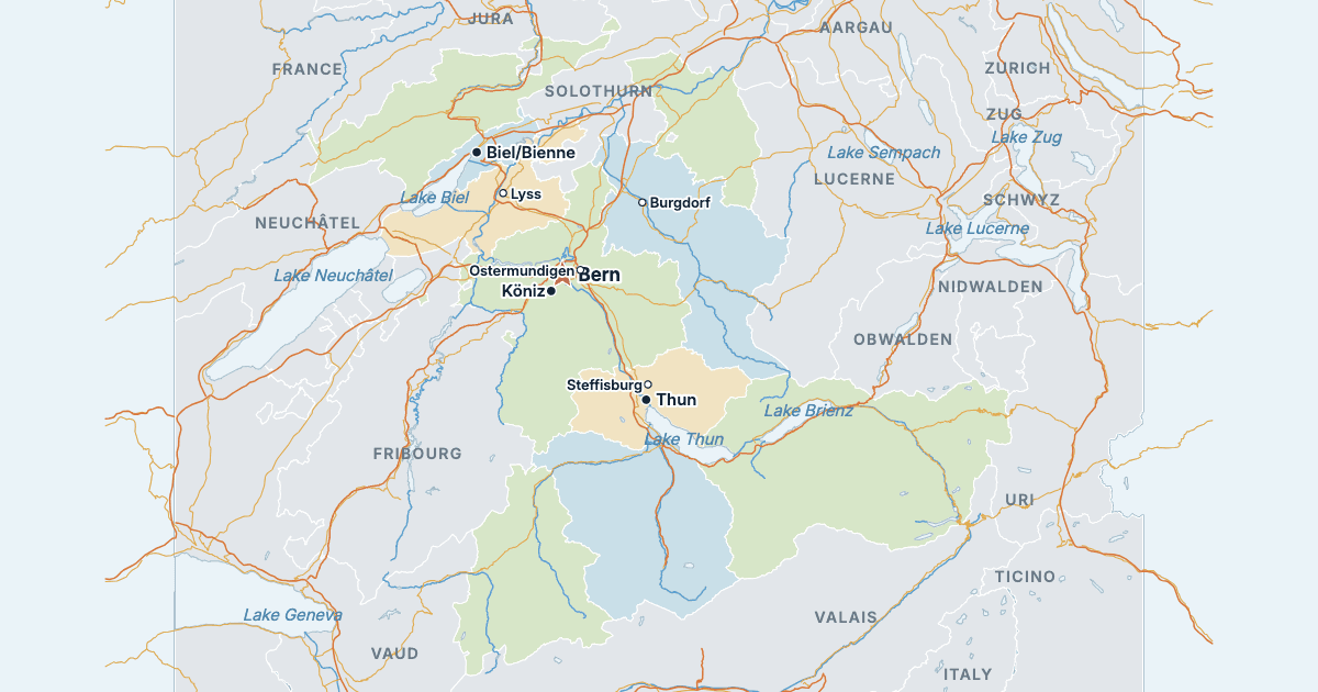 Map of the Canton of Bern with its largest cities