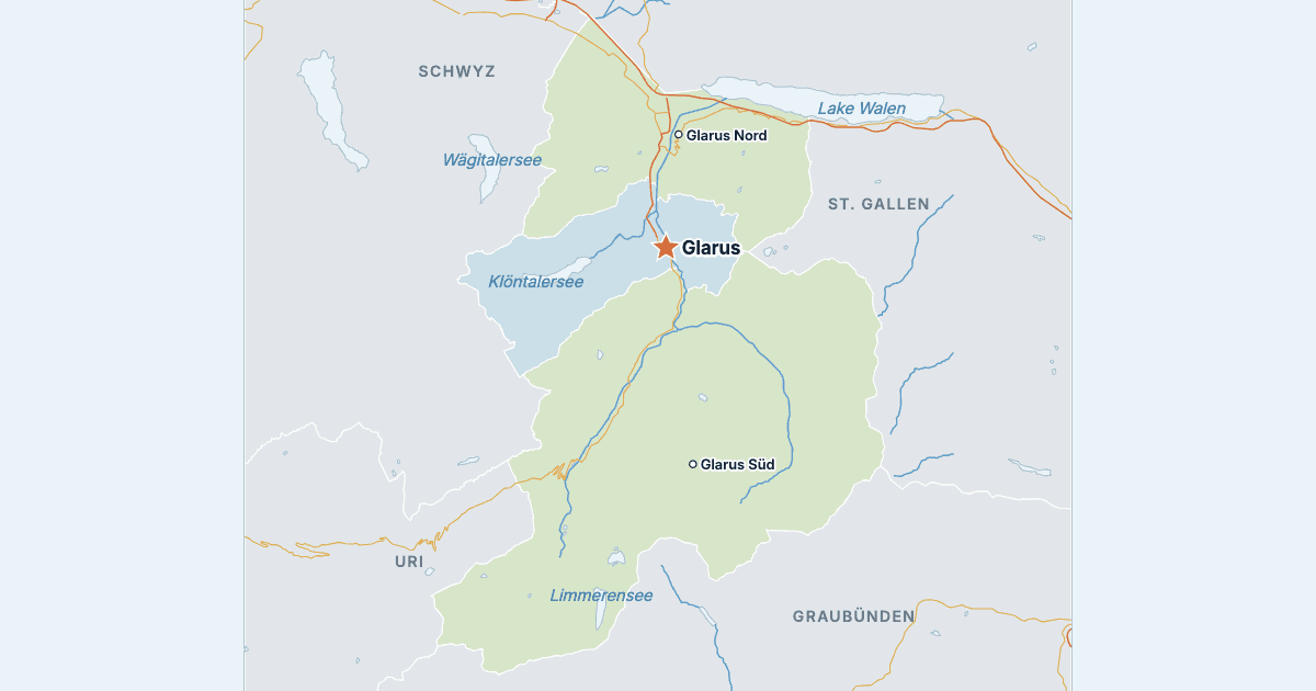 Map of the Canton of Glarus with its largest cities