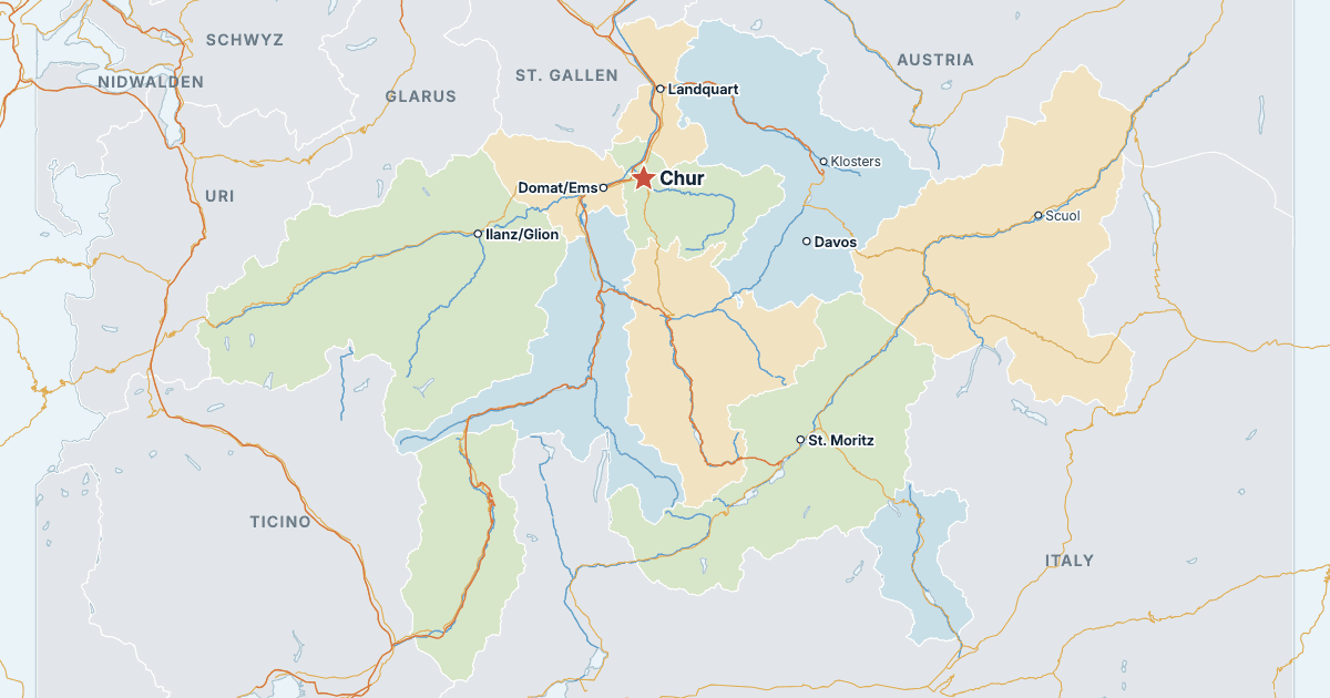 Map of the Canton of Graubünden with its largest cities