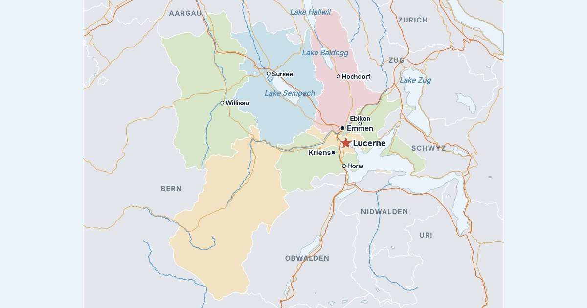 Map of the Canton of Lucerne with its largest cities