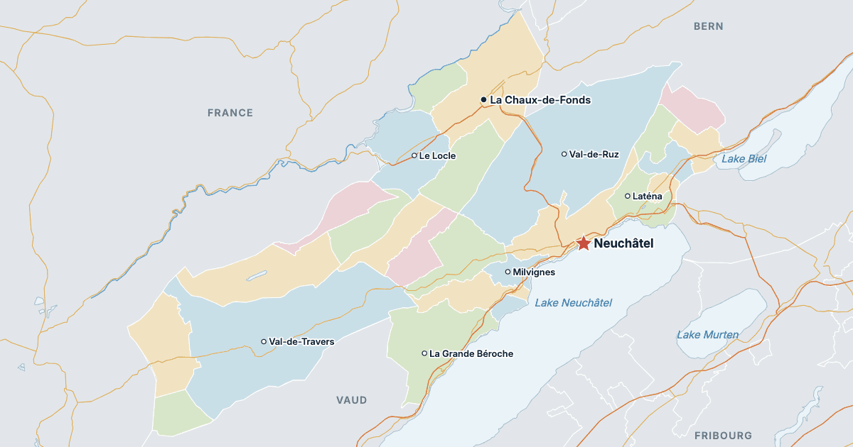 Map of the Canton of Neuchâtel with its largest cities