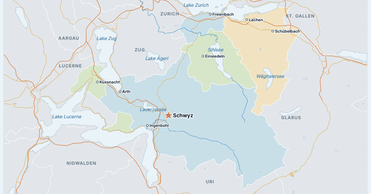Map of the Canton of Schwyz with its largest cities