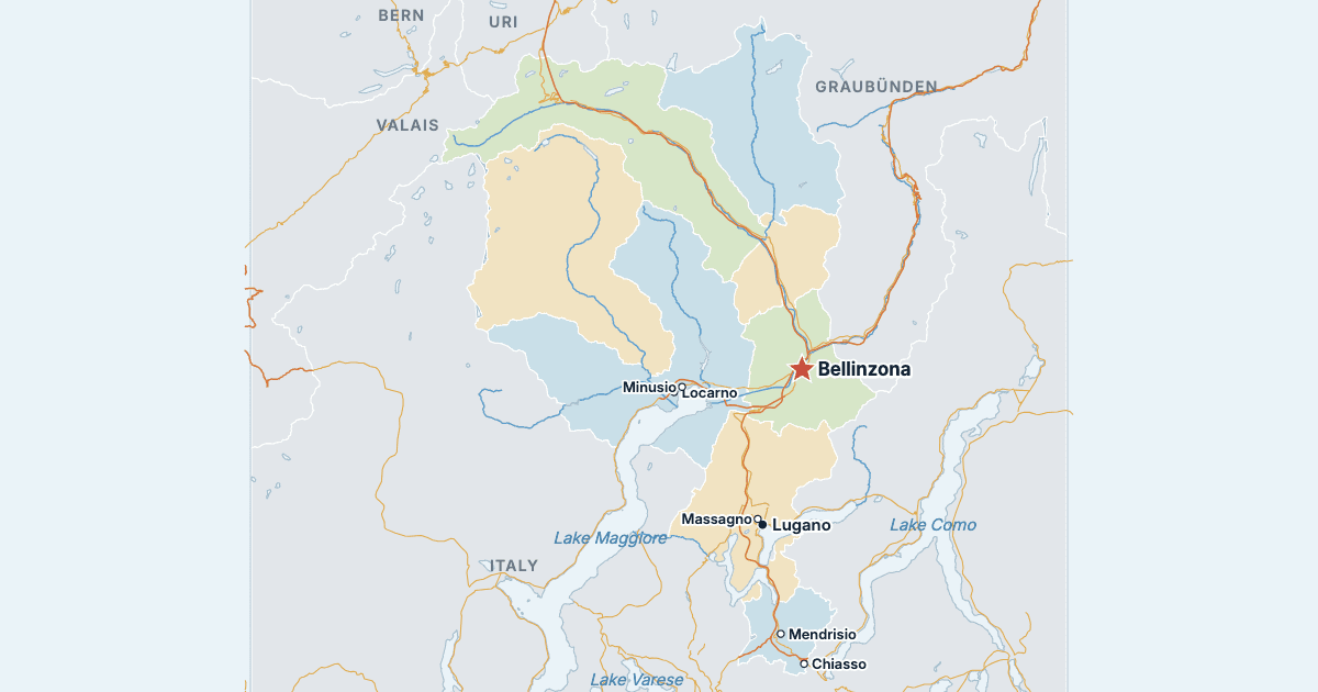 Map of the Canton of Ticino with its largest cities