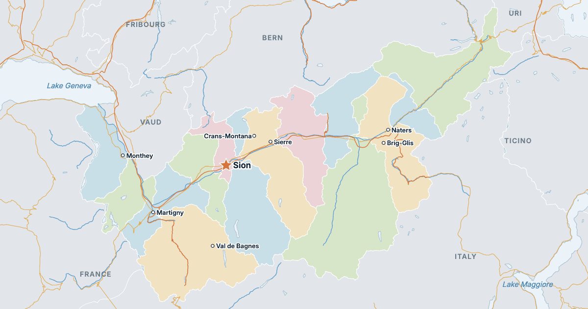 Map of the Canton of Valais with its largest cities