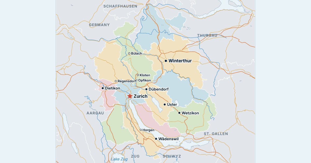 Map of the Canton of Zurich with its largest cities