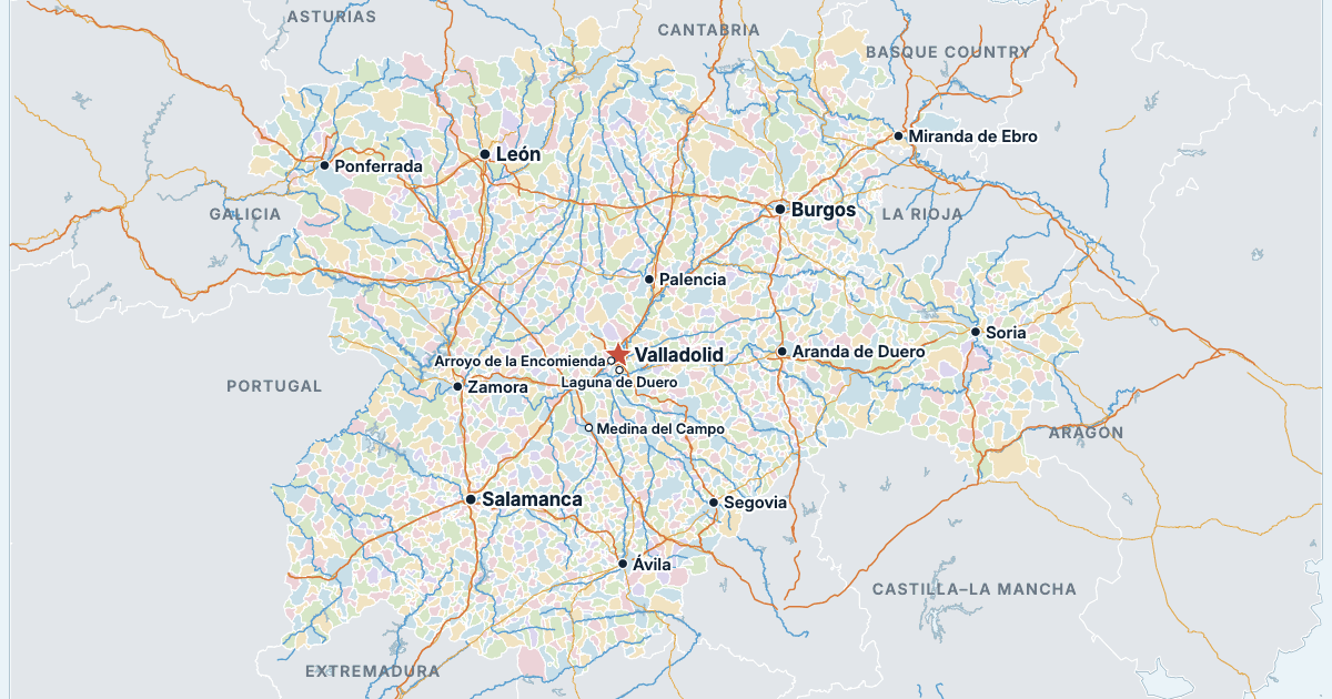 Map of Castile and León with its largest cities