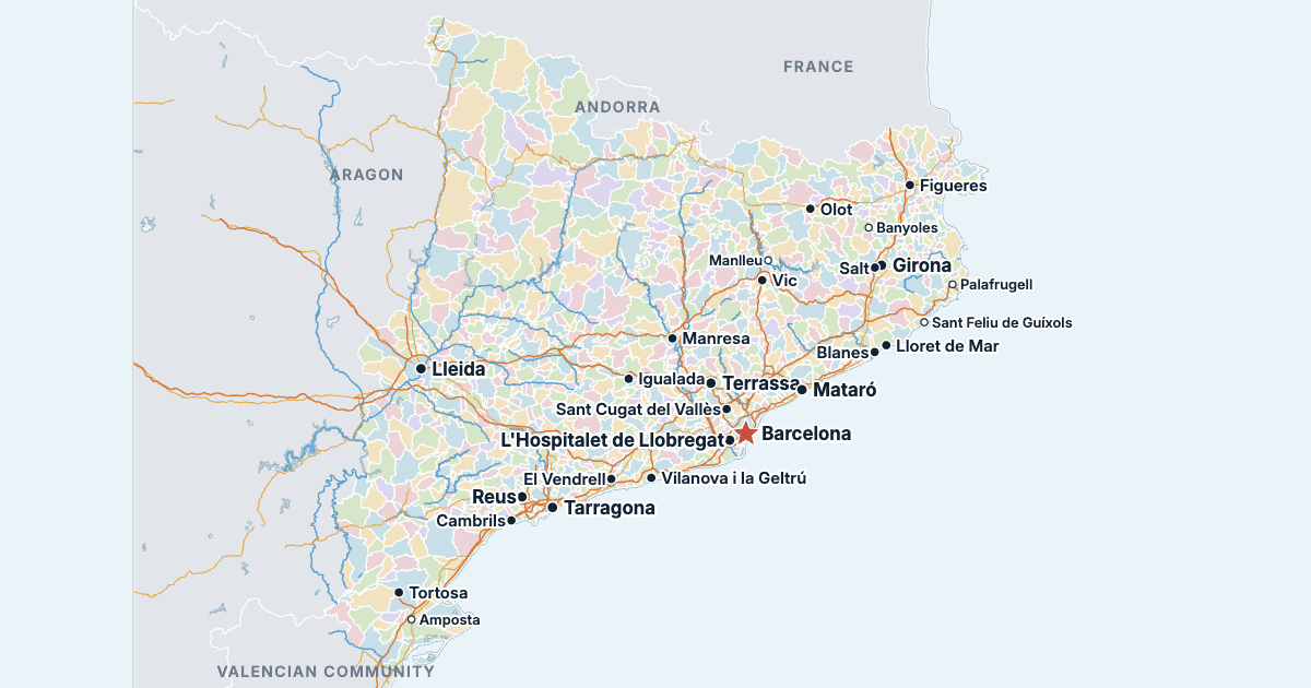 Map of Catalonia with its largest cities