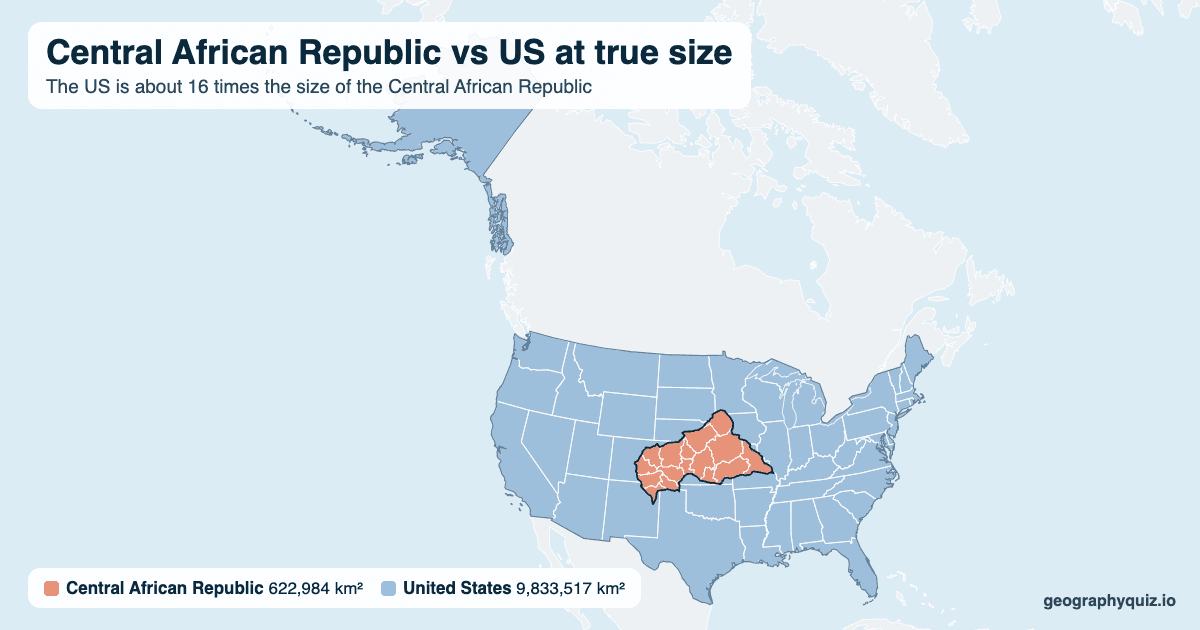 Central African Republic vs US size comparison map: the Central African Republic laid over the US at true size. The US is about 16 times the size of the Central African Republic.