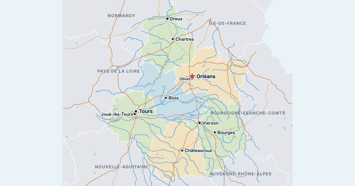Map of Centre-Val de Loire with its largest cities