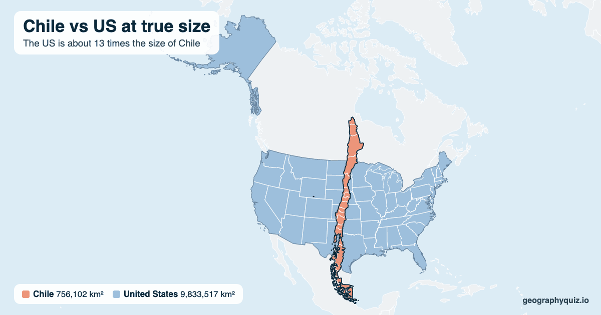 Chile vs US size comparison map: Chile laid over the US at true size. The US is about 13 times the size of Chile.