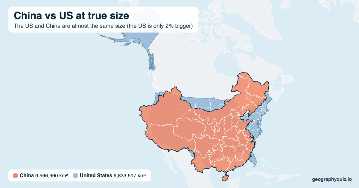 China vs US size comparison map: China laid over the US at true size. The US and China are almost the same size (the US is only 2% bigger).