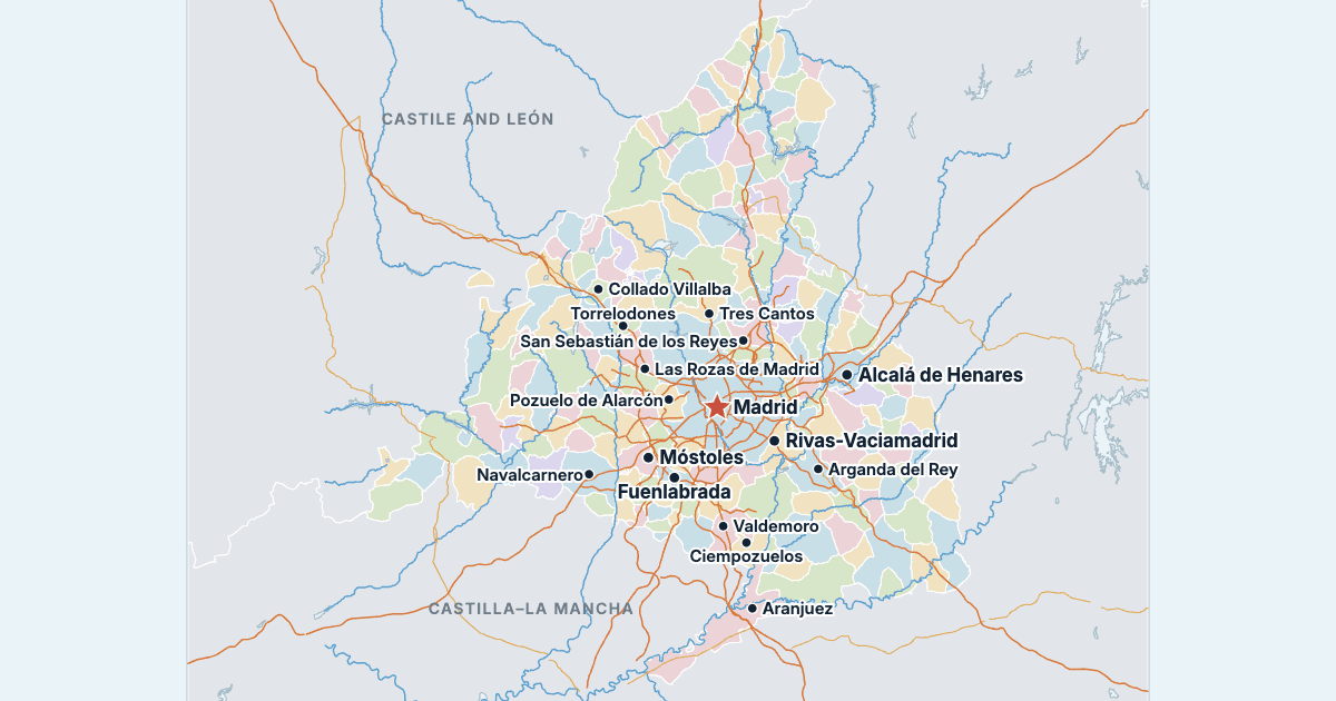 Map of the Community of Madrid with its largest cities