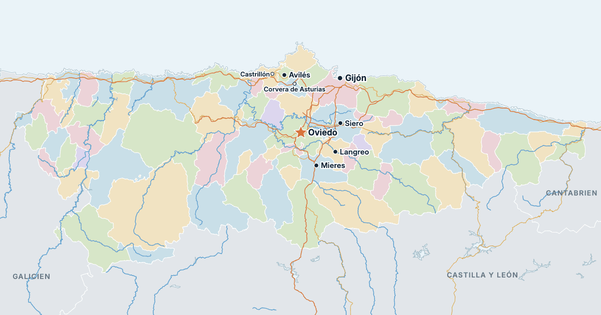 Kort over Asturien med de største byer