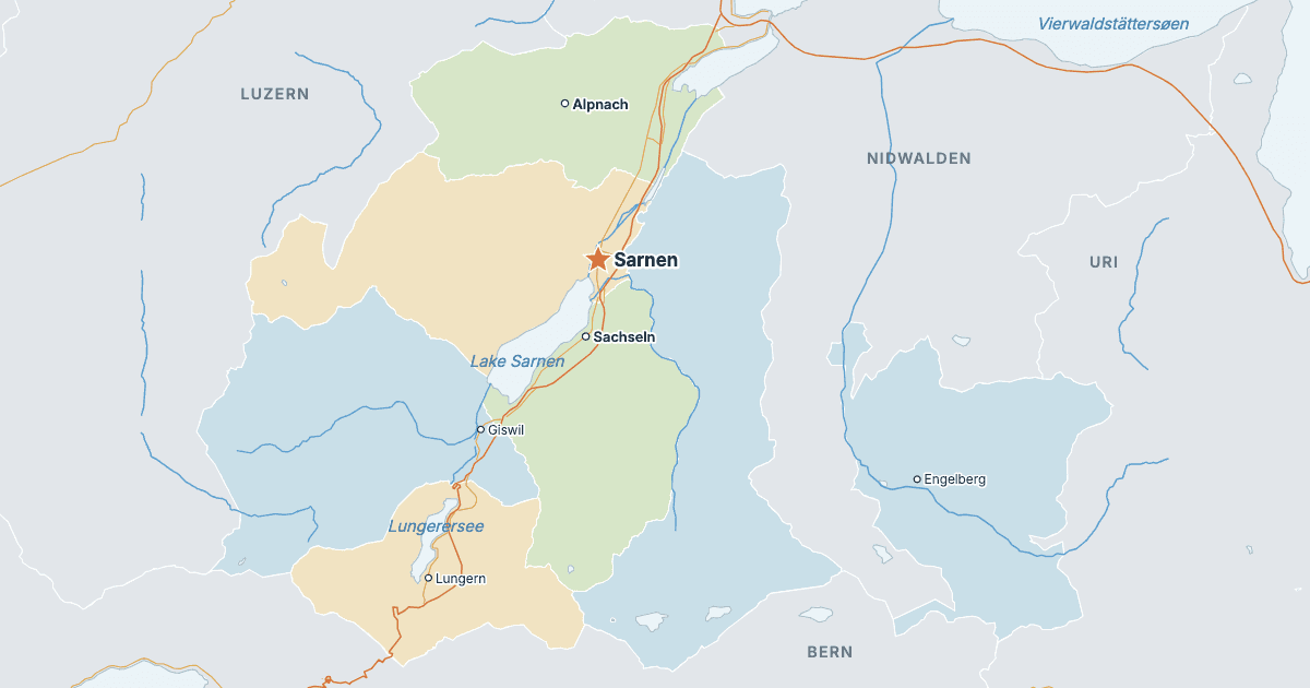 Kort over kantonen Obwalden med de største byer