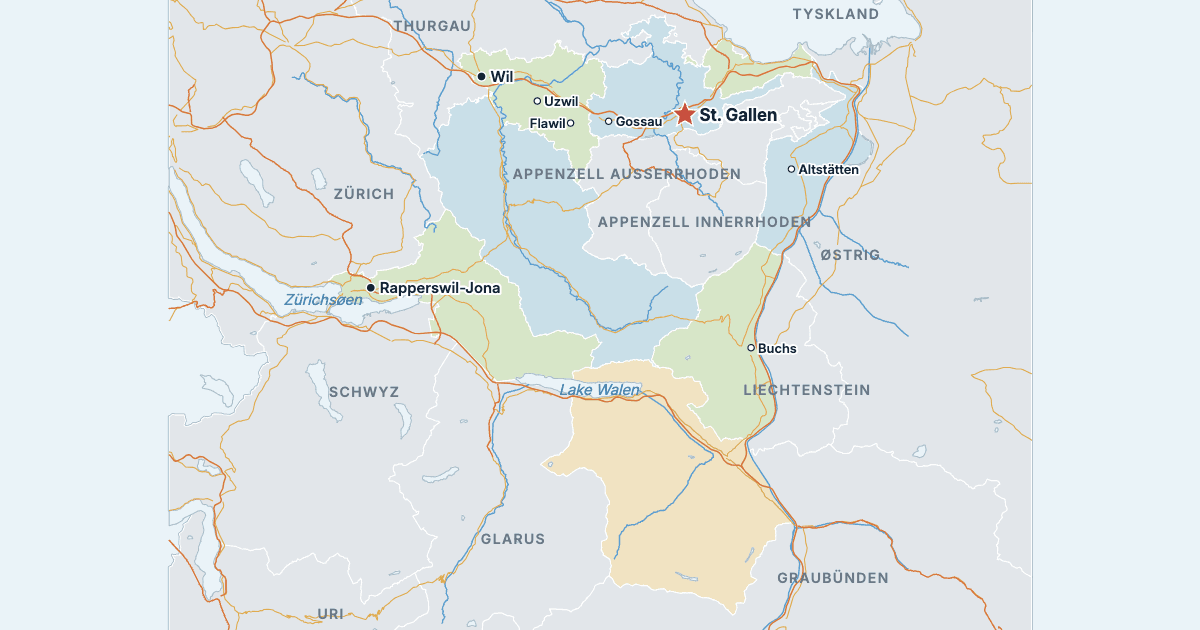 Kort over kantonen St. Gallen med de største byer