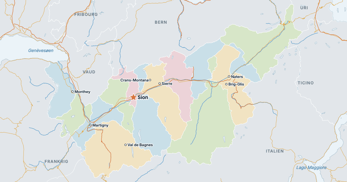 Kort over kantonen Valais med de største byer