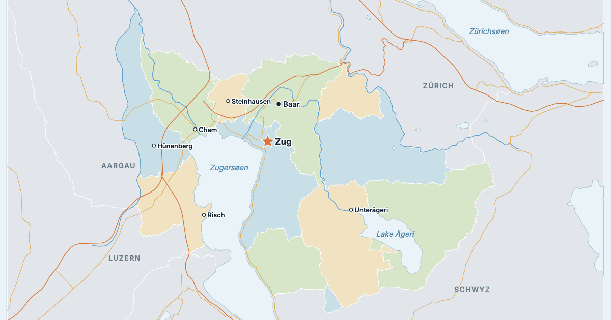 Kort over kantonen Zug med de største byer