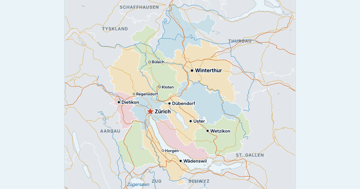 Kort over kantonen Zürich med de største byer